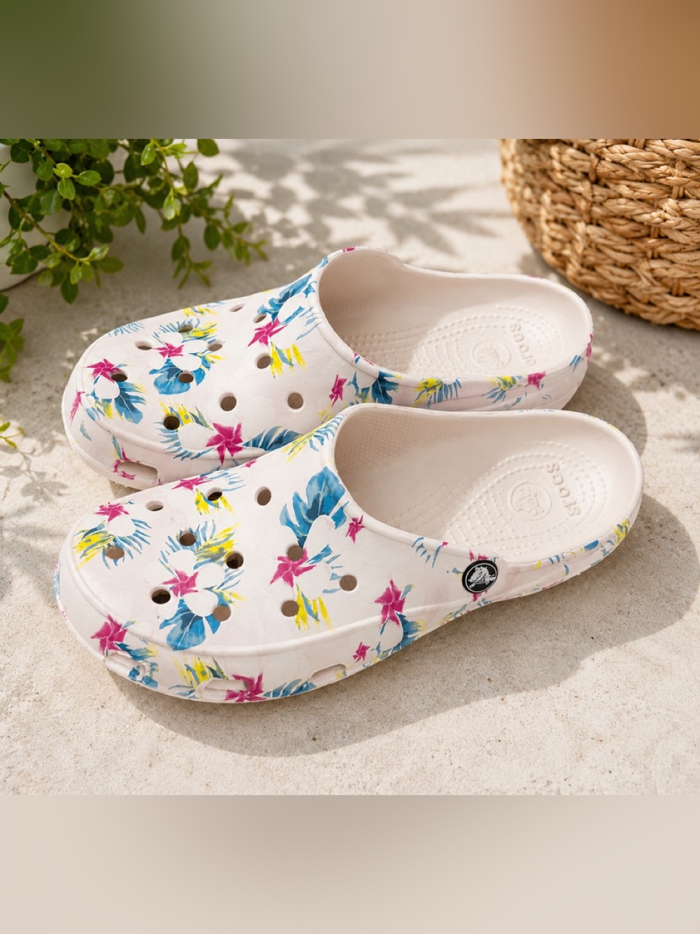 CROCS White Floral Print Classic Clog with Blue, Pink & Yellow Accents